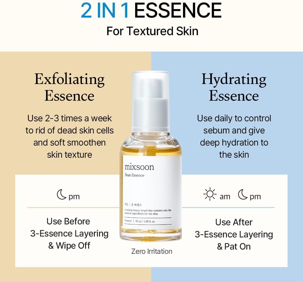 Mixsoon Bean Essence, Vegansnail, Exfoliating Essence for face, Hydrating Korean Skin Care, Glassskin 1.69 fl.oz/ 50ml